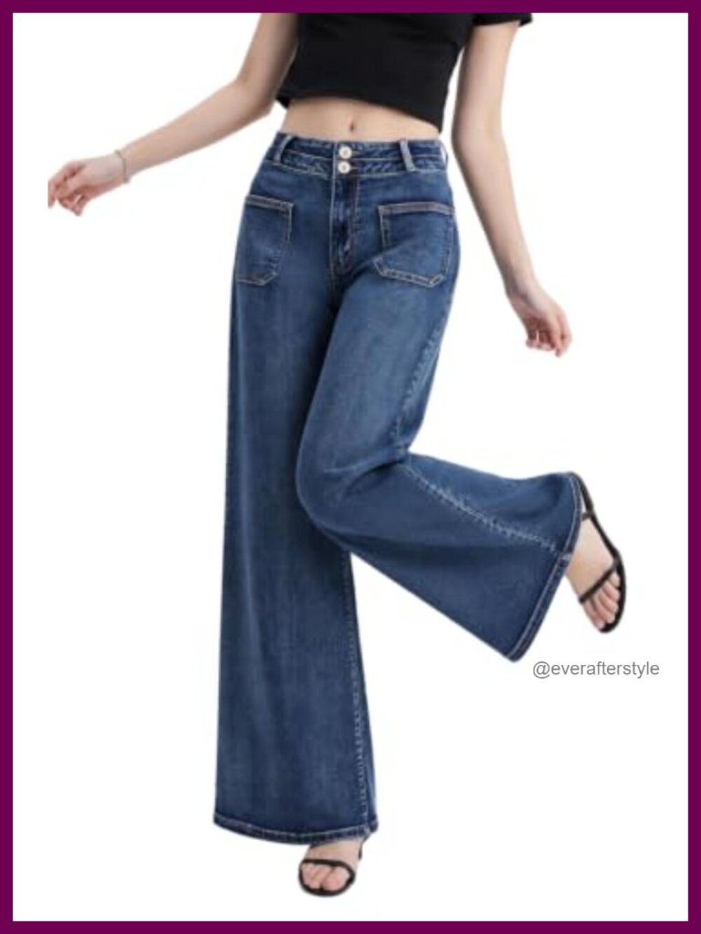 High Waist Wide Leg Jeans Stretchy Loose Denim Pants with Two Button Detail